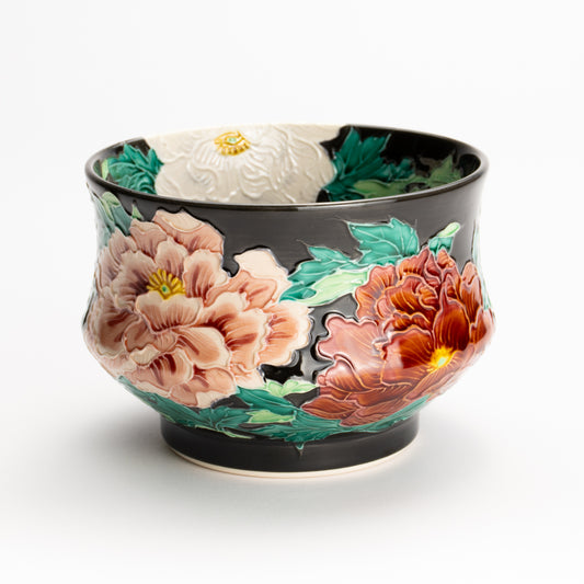 抹茶碗　紫交趾 "三色牡丹"　一如 KOTOPOTTER