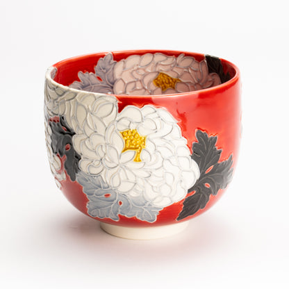 抹茶碗　朱交趾"白菊"　一如 KOTOPOTTER