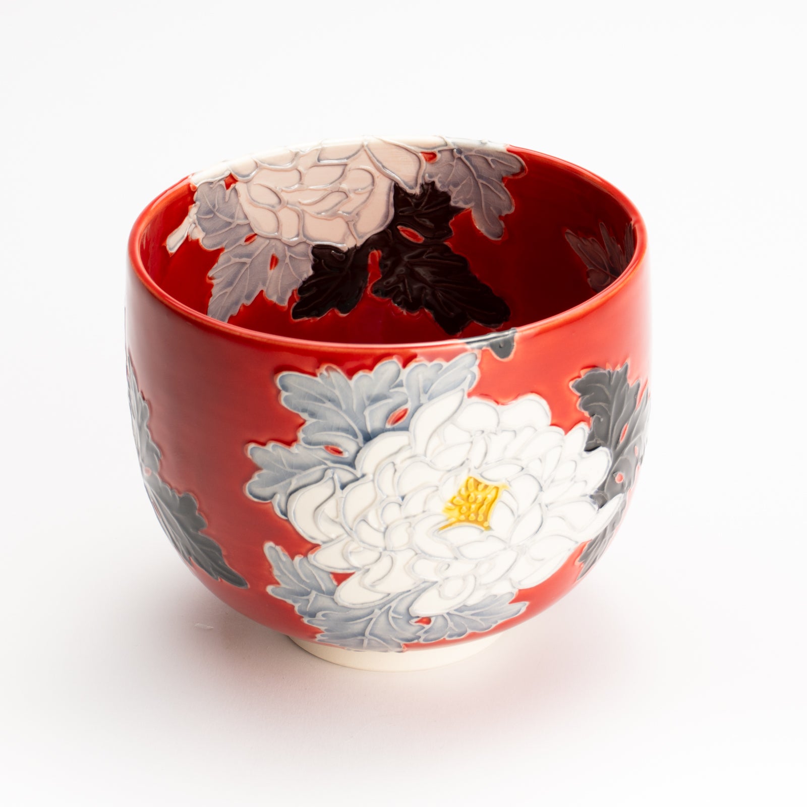 抹茶碗　朱交趾"白菊"　一如 KOTOPOTTER