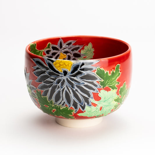 抹茶碗　朱交趾"黒菊"　一如 KOTOPOTTER