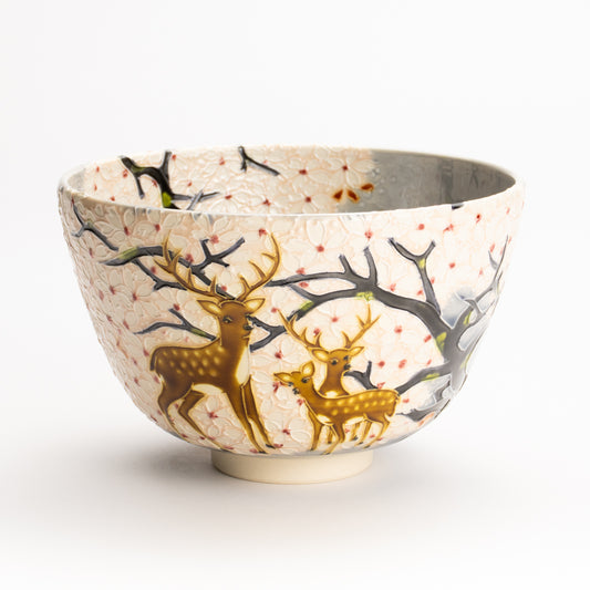 抹茶碗　淡紫交趾"桜に鹿"　一如 KOTOPOTTER