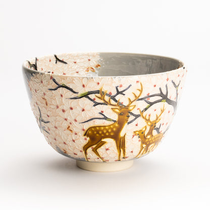 抹茶碗　淡紫交趾"桜に鹿"　一如 KOTOPOTTER