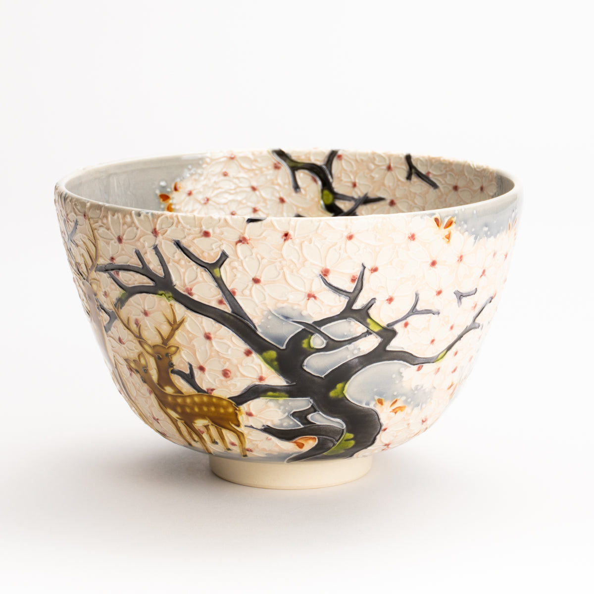 抹茶碗　淡紫交趾"桜に鹿"　一如 KOTOPOTTER