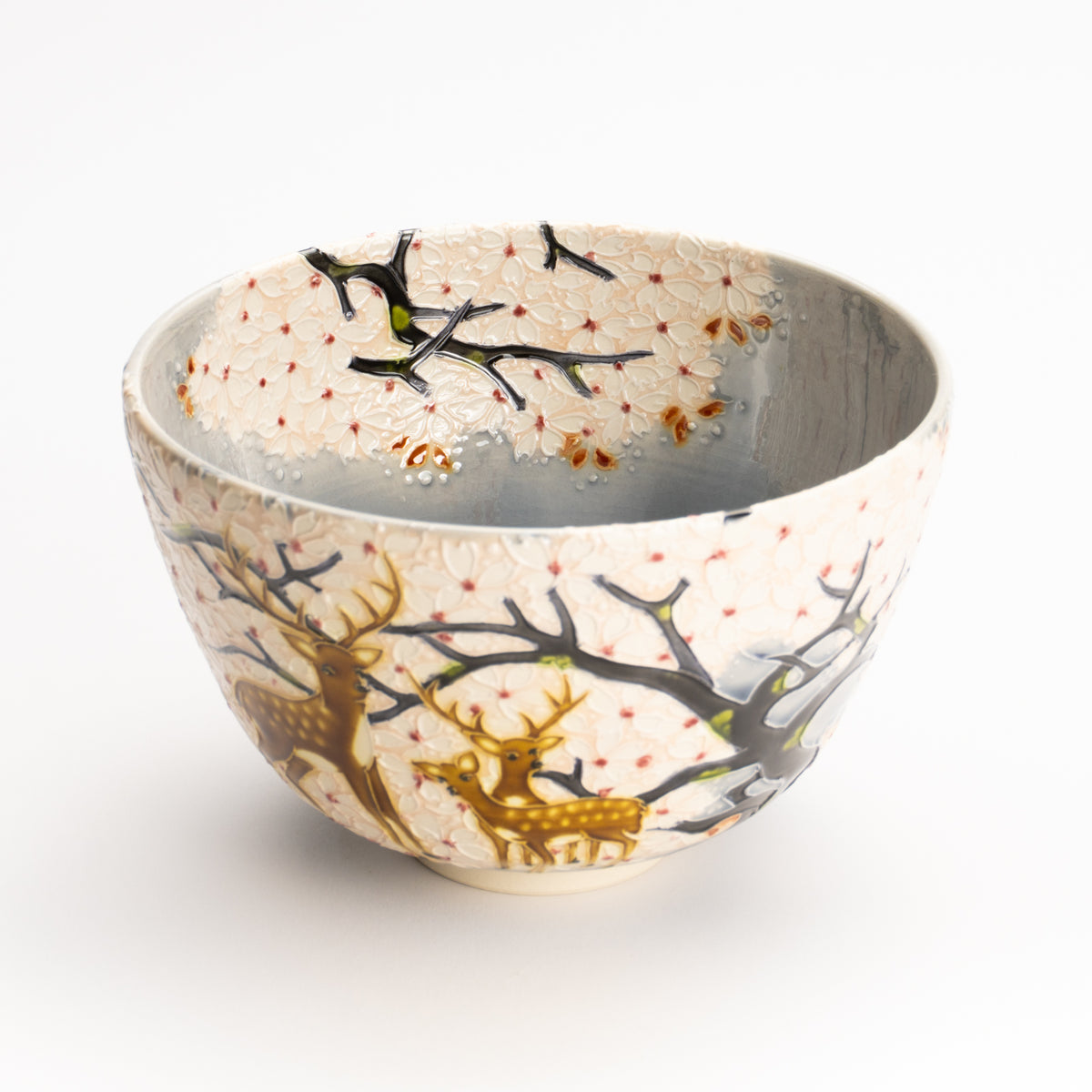 抹茶碗　淡紫交趾"桜に鹿"　一如 KOTOPOTTER
