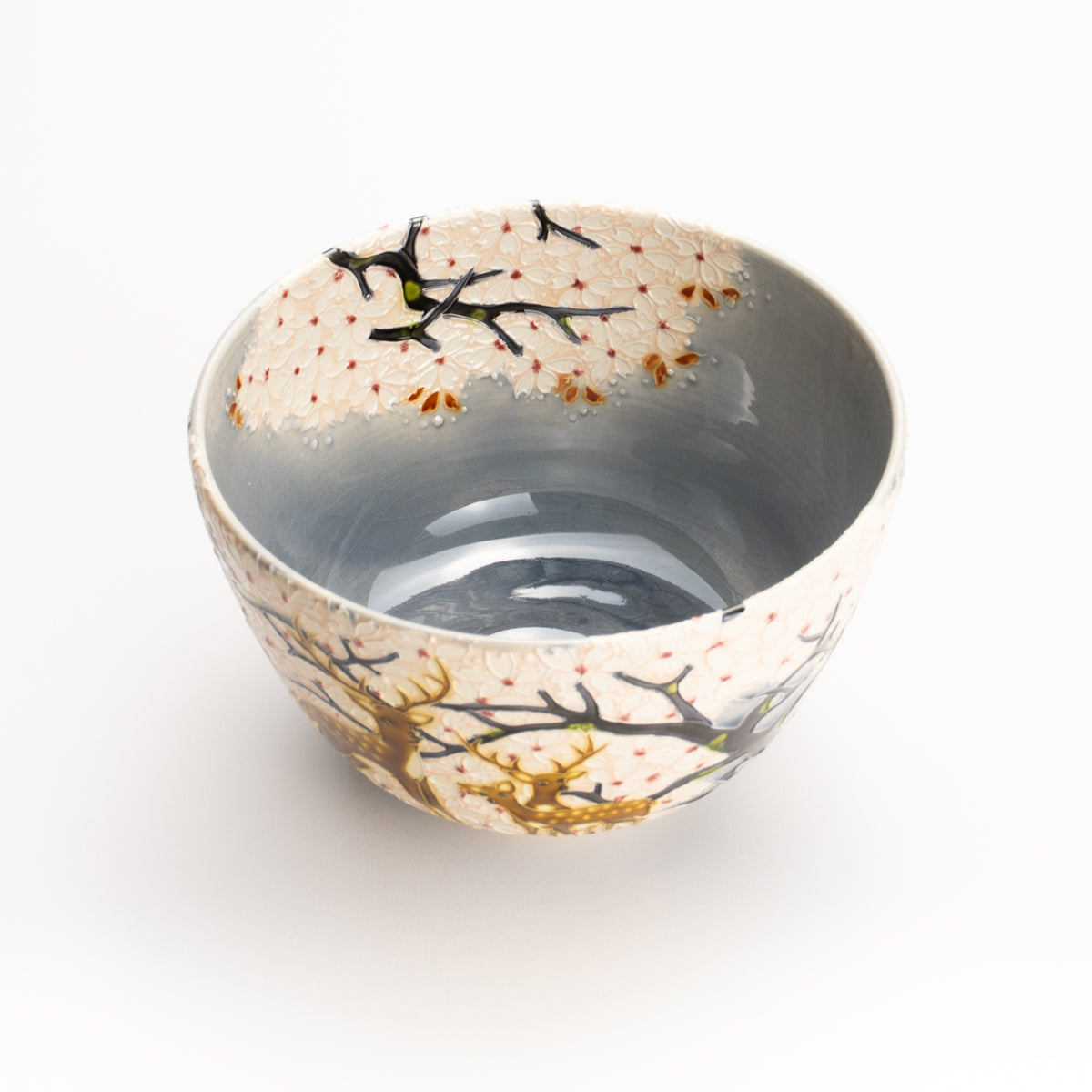 抹茶碗　淡紫交趾"桜に鹿"　一如 KOTOPOTTER