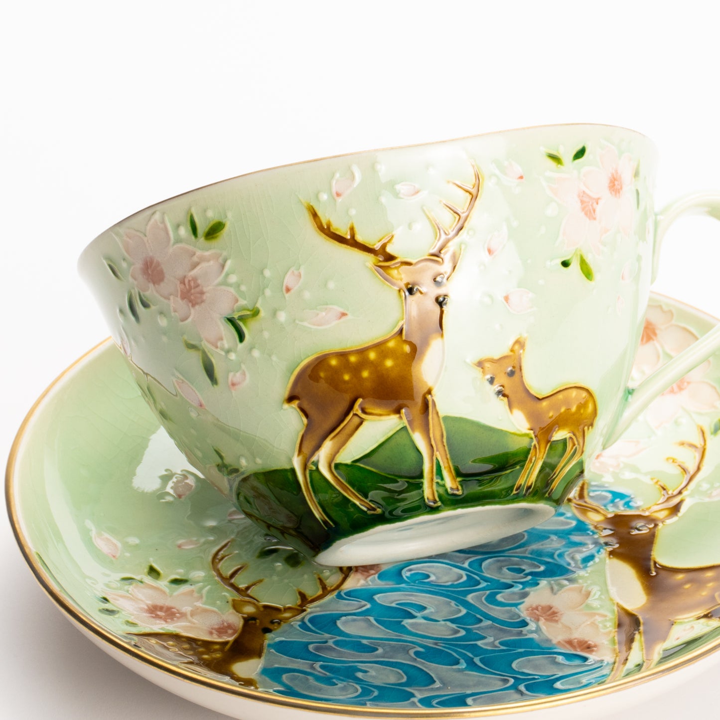 カップ&ソーサー　萌黄交趾"鹿に桜と観世水"B　一如 KOTOPOTTER