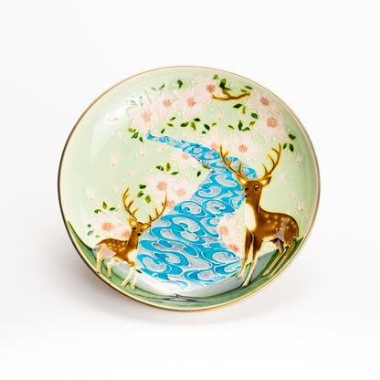 カップ&ソーサー　萌黄交趾"鹿に桜と観世水"B　一如 KOTOPOTTER