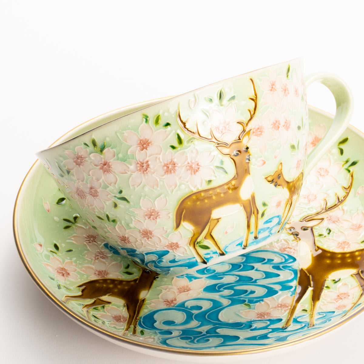 カップ&ソーサー　萌黄交趾"鹿に桜と観世水"A　一如 KOTOPOTTER