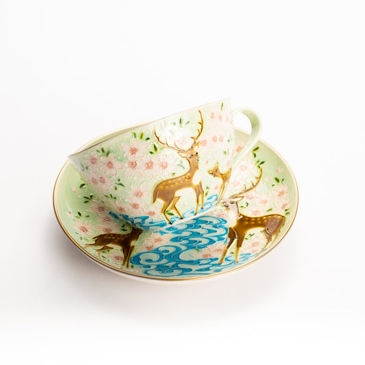 カップ&ソーサー　萌黄交趾"鹿に桜と観世水"A　一如 KOTOPOTTER