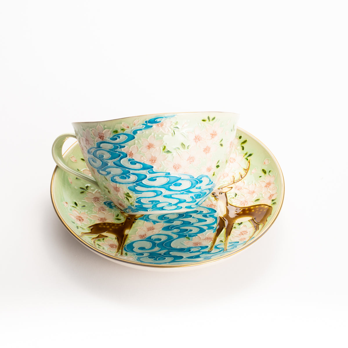 カップ&ソーサー　萌黄交趾"鹿に桜と観世水"A　一如 KOTOPOTTER