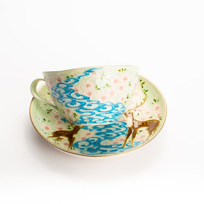 カップ&ソーサー　萌黄交趾"鹿に桜と観世水"A　一如 KOTOPOTTER