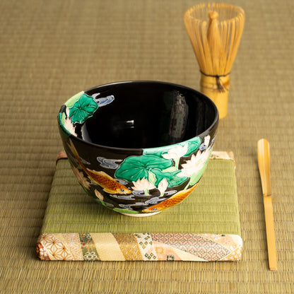 抹茶碗　紫交趾 "蓮に鯉"　一如 KOTOPOTTER