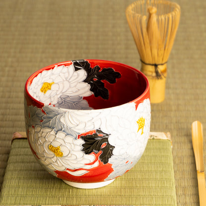抹茶碗　朱交趾"白菊"　一如 KOTOPOTTER