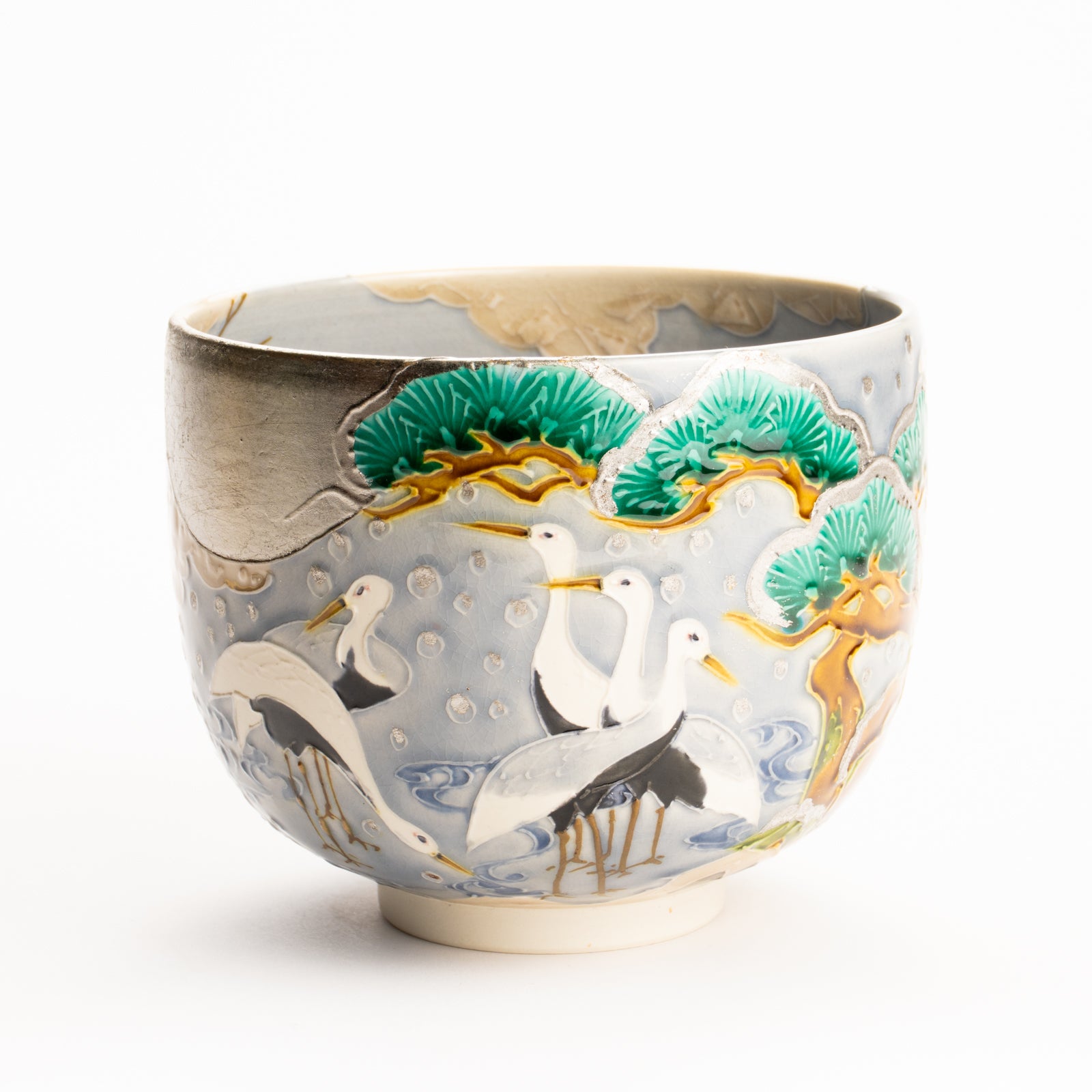抹茶碗　淡紫交趾"月下に雪松と鶴"　一如 KOTOPOTTER