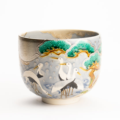 抹茶碗　淡紫交趾"月下に雪松と鶴"　一如 KOTOPOTTER