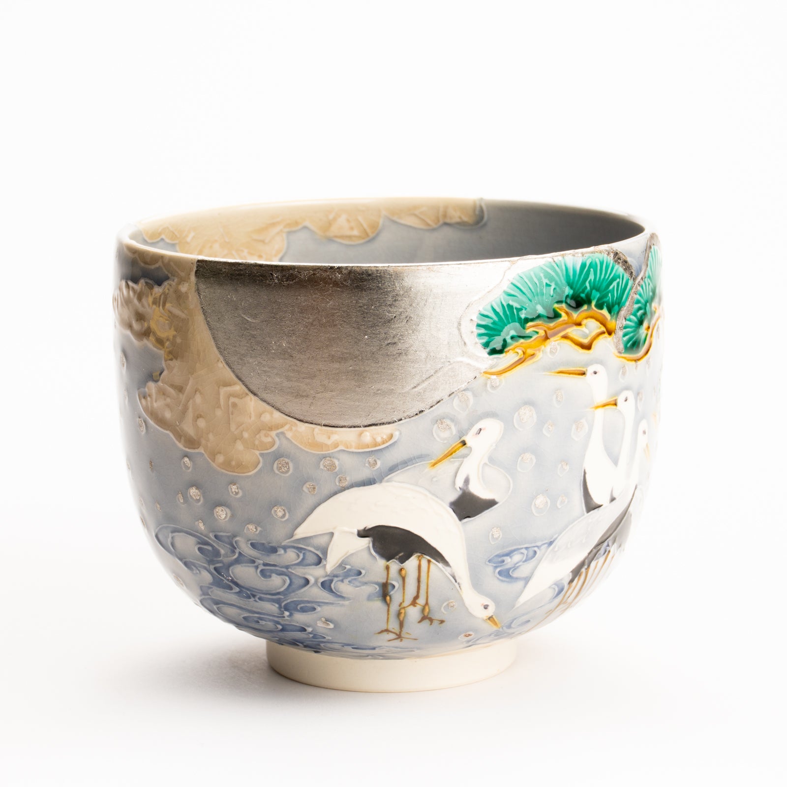 抹茶碗　淡紫交趾"月下に雪松と鶴"　一如 KOTOPOTTER