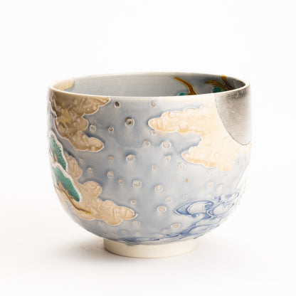 抹茶碗　淡紫交趾"月下に雪松と鶴"　一如 KOTOPOTTER