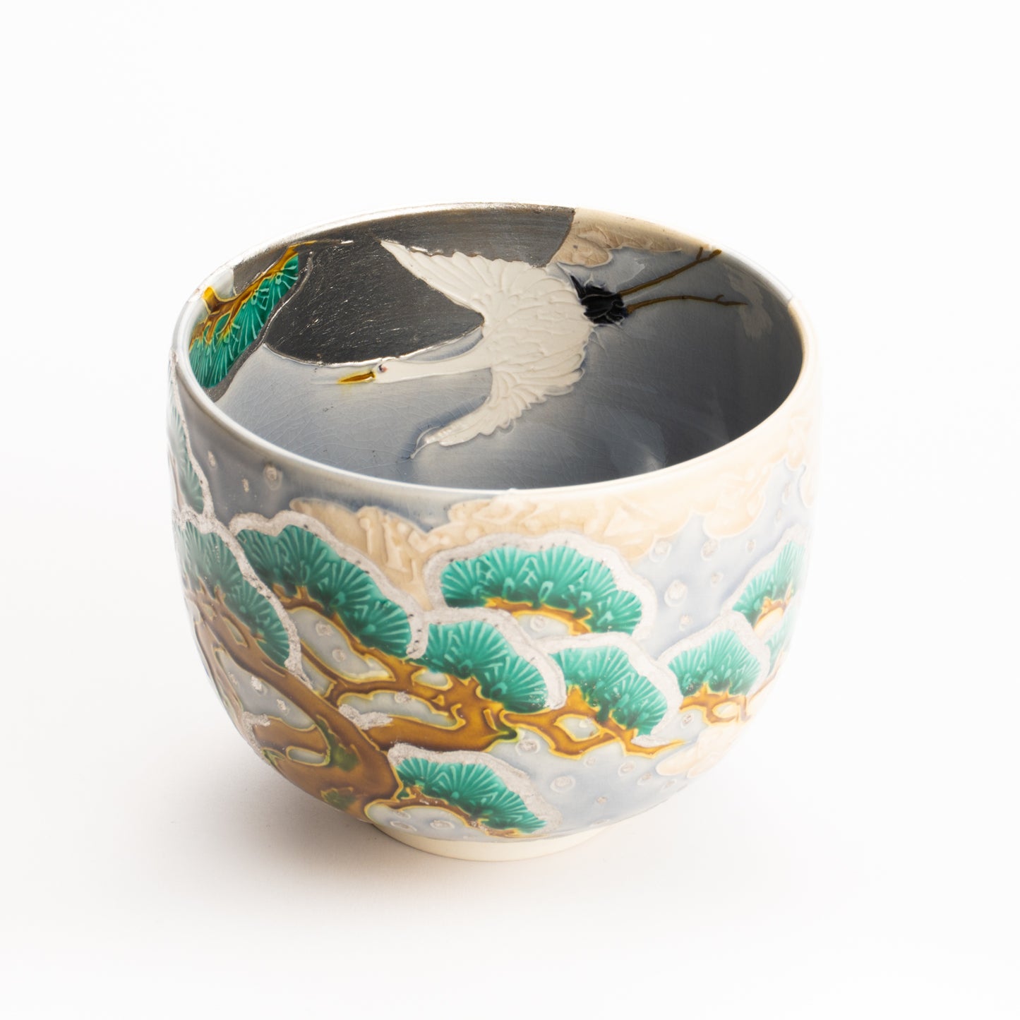 抹茶碗　淡紫交趾"月下に雪松と鶴"　一如 KOTOPOTTER