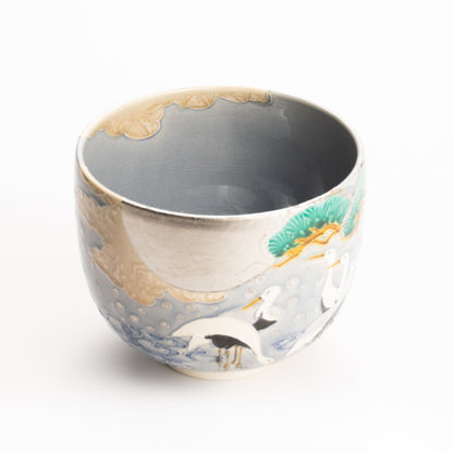 抹茶碗　淡紫交趾"月下に雪松と鶴"　一如 KOTOPOTTER