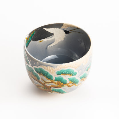 抹茶碗　淡紫交趾"月下に雪松と鶴"　一如 KOTOPOTTER