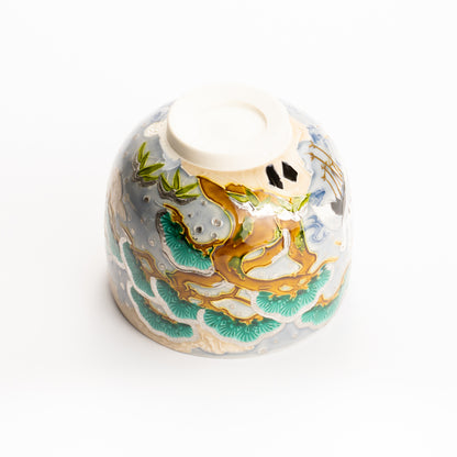 抹茶碗　淡紫交趾"月下に雪松と鶴"　一如 KOTOPOTTER