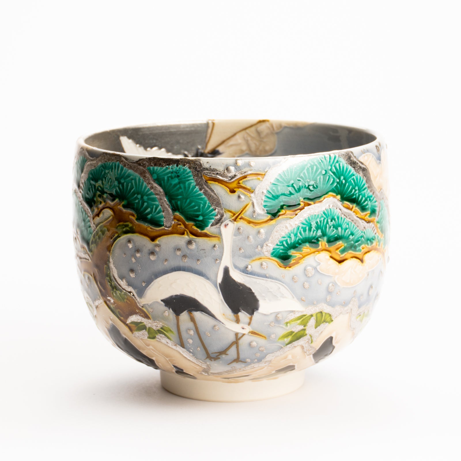 抹茶碗　淡紫交趾"月下に雪松と鶴"　一如 KOTOPOTTER