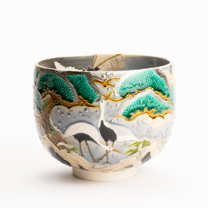 抹茶碗　淡紫交趾"月下に雪松と鶴"　一如 KOTOPOTTER