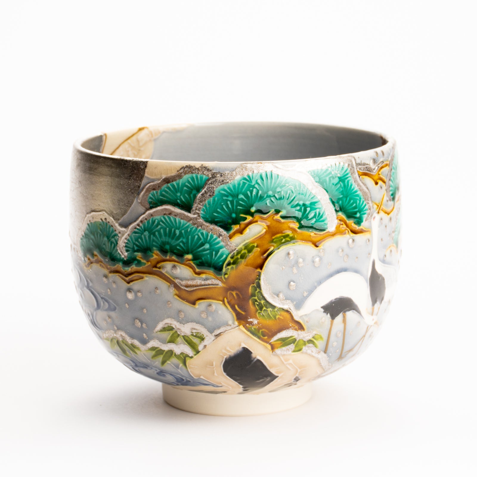 抹茶碗　淡紫交趾"月下に雪松と鶴"　一如 KOTOPOTTER
