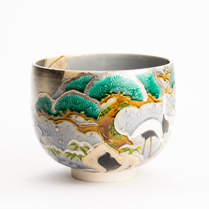 抹茶碗　淡紫交趾"月下に雪松と鶴"　一如 KOTOPOTTER