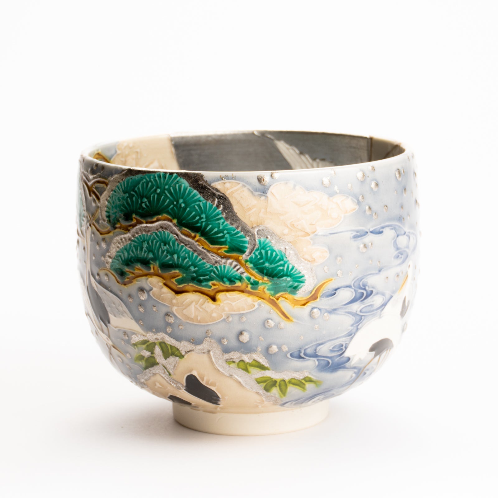 抹茶碗　淡紫交趾"月下に雪松と鶴"　一如 KOTOPOTTER
