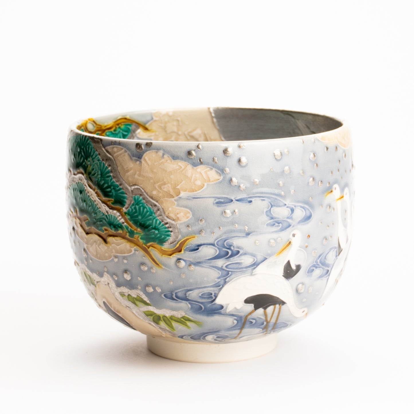 抹茶碗　淡紫交趾"月下に雪松と鶴"　一如 KOTOPOTTER