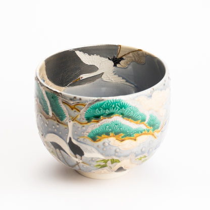抹茶碗　淡紫交趾"月下に雪松と鶴"　一如 KOTOPOTTER