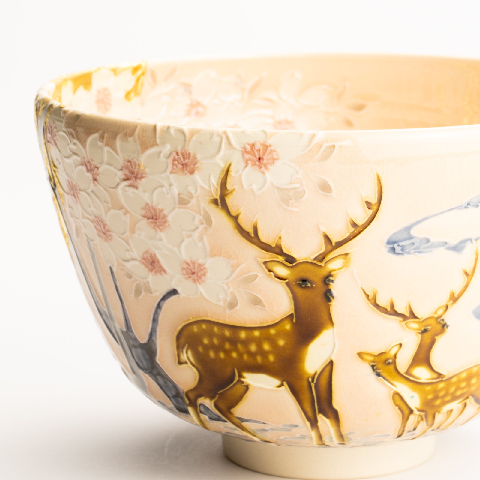 抹茶碗　淡桃交趾"月下に桜に鹿"　一如 KOTOPOTTER
