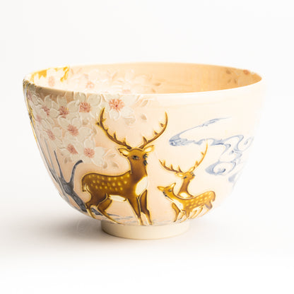 抹茶碗　淡桃交趾"月下に桜に鹿"　一如 KOTOPOTTER