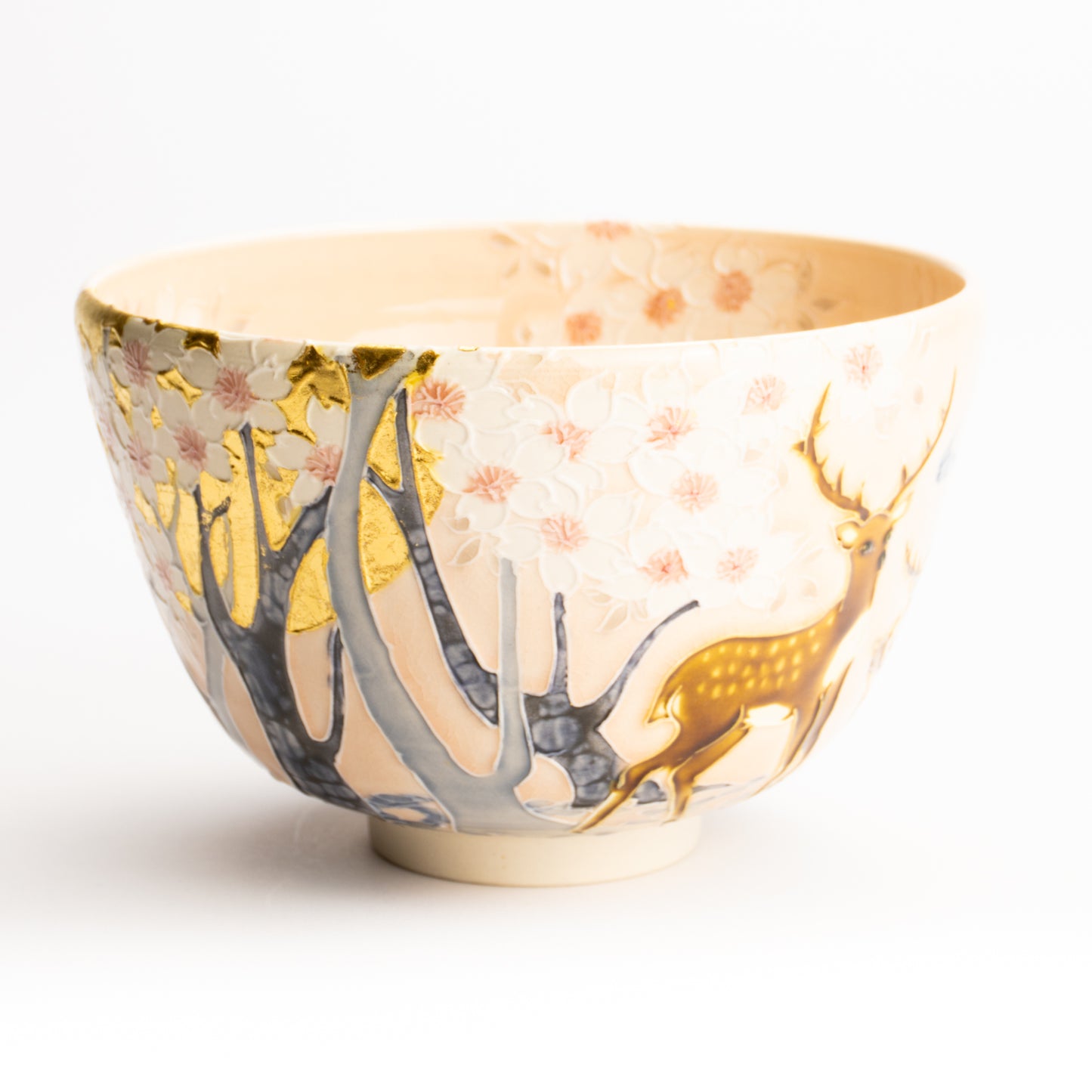 抹茶碗　淡桃交趾"月下に桜に鹿"　一如 KOTOPOTTER