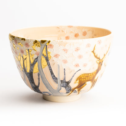 抹茶碗　淡桃交趾"月下に桜に鹿"　一如 KOTOPOTTER
