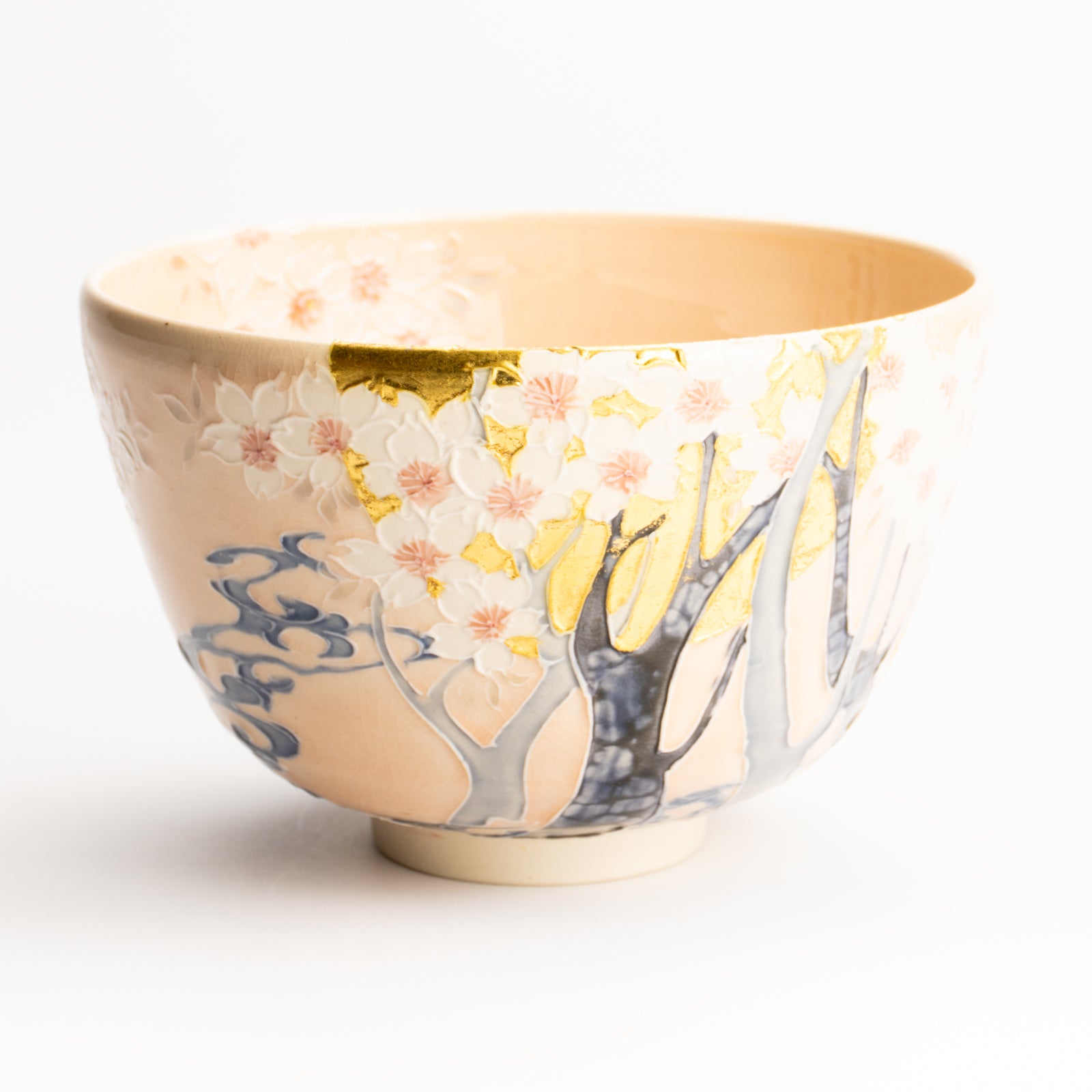 抹茶碗　淡桃交趾"月下に桜に鹿"　一如 KOTOPOTTER