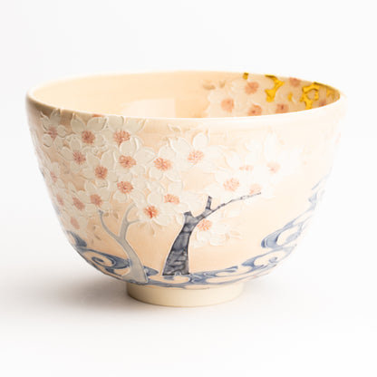 抹茶碗　淡桃交趾"月下に桜に鹿"　一如 KOTOPOTTER