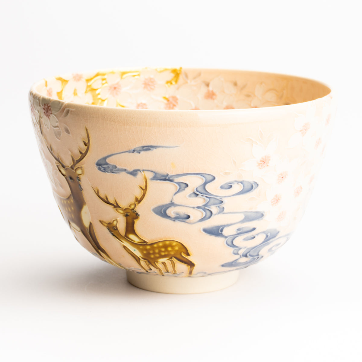 抹茶碗　淡桃交趾"月下に桜に鹿"　一如 KOTOPOTTER