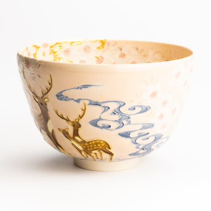 抹茶碗　淡桃交趾"月下に桜に鹿"　一如 KOTOPOTTER