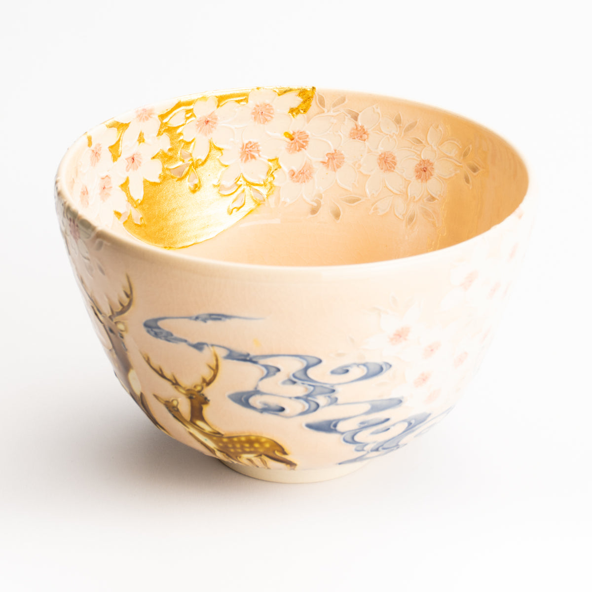 抹茶碗　淡桃交趾"月下に桜に鹿"　一如 KOTOPOTTER