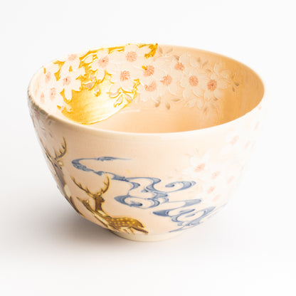 抹茶碗　淡桃交趾"月下に桜に鹿"　一如 KOTOPOTTER