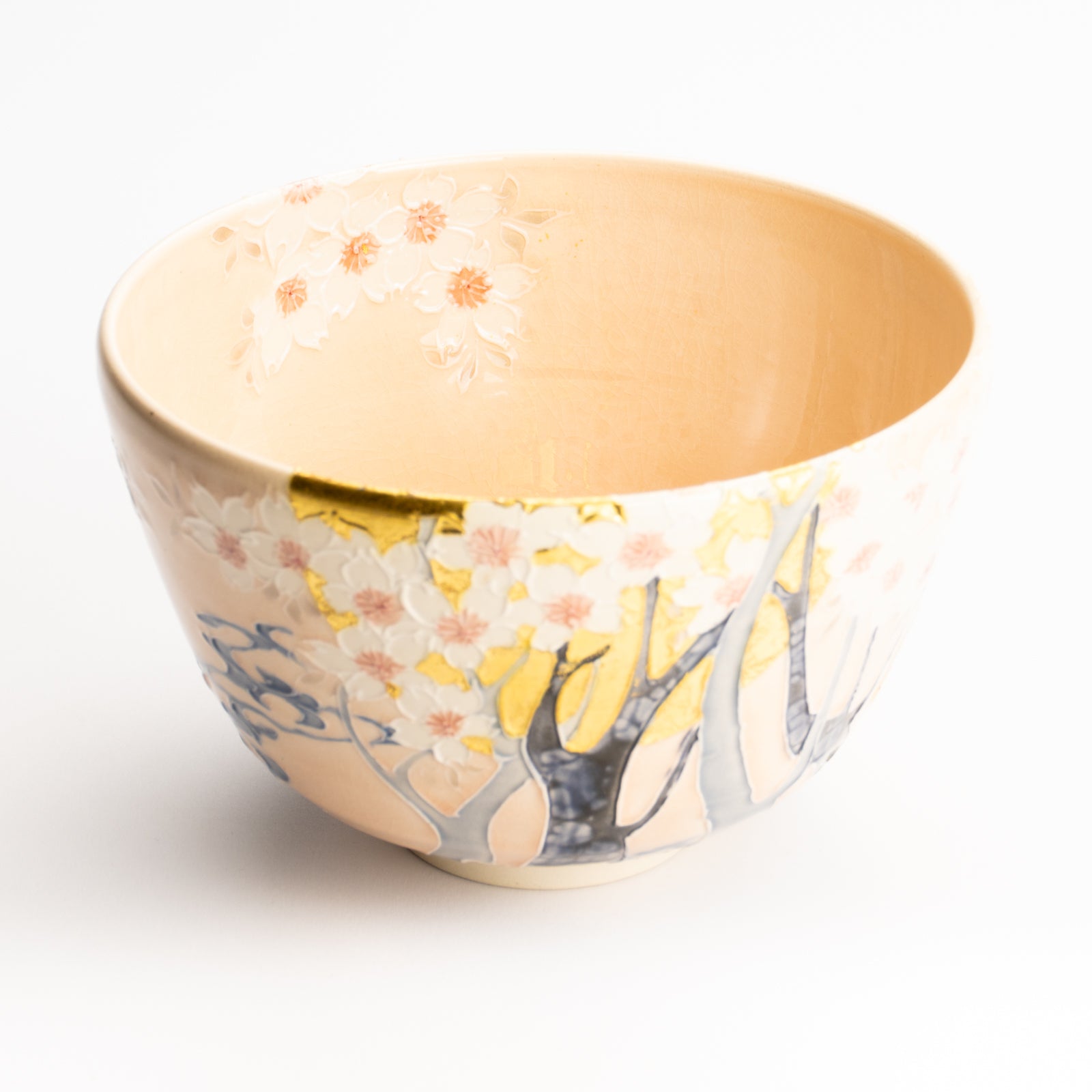 抹茶碗　淡桃交趾"月下に桜に鹿"　一如 KOTOPOTTER