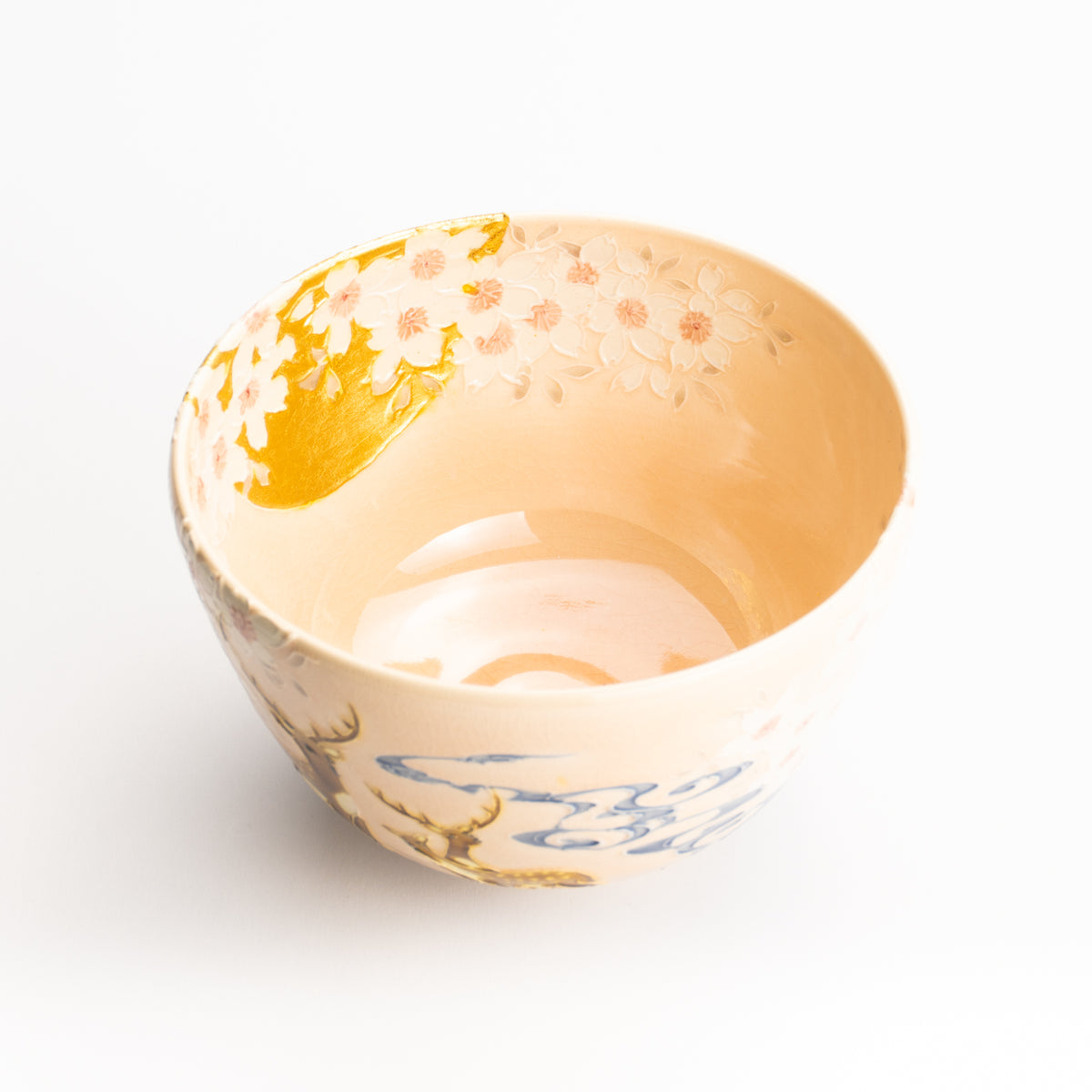 抹茶碗　淡桃交趾"月下に桜に鹿"　一如 KOTOPOTTER