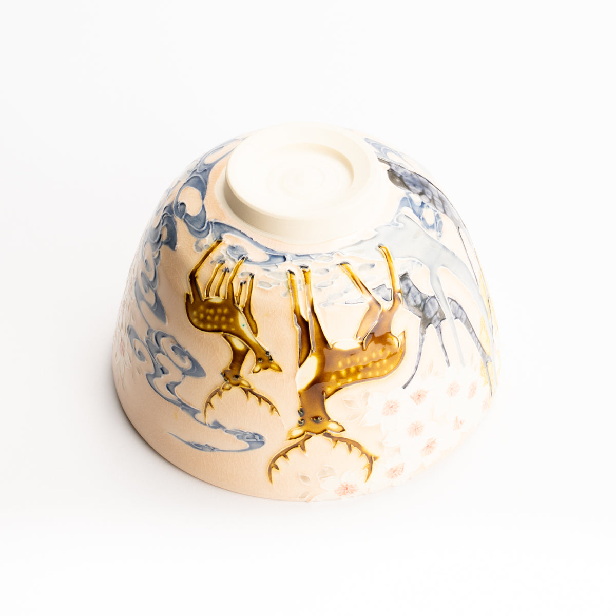 抹茶碗　淡桃交趾"月下に桜に鹿"　一如 KOTOPOTTER