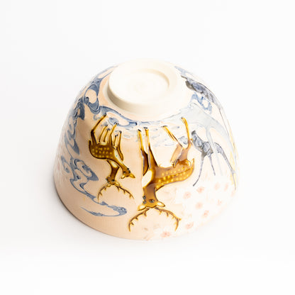 抹茶碗　淡桃交趾"月下に桜に鹿"　一如 KOTOPOTTER