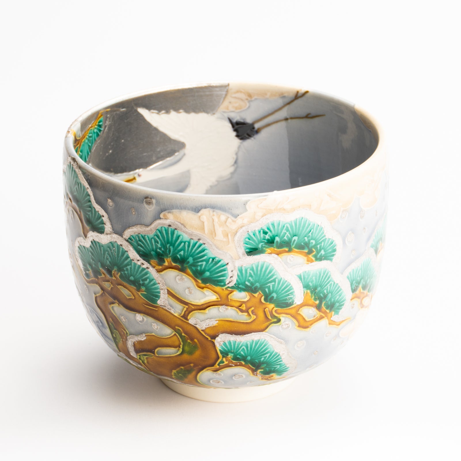 抹茶碗　淡紫交趾"月下に雪松と鶴"　一如 KOTOPOTTER