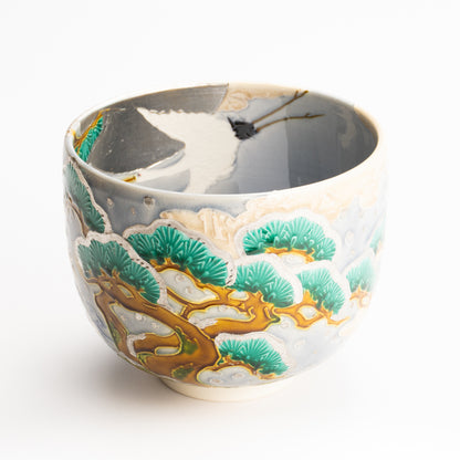 抹茶碗　淡紫交趾"月下に雪松と鶴"　一如 KOTOPOTTER