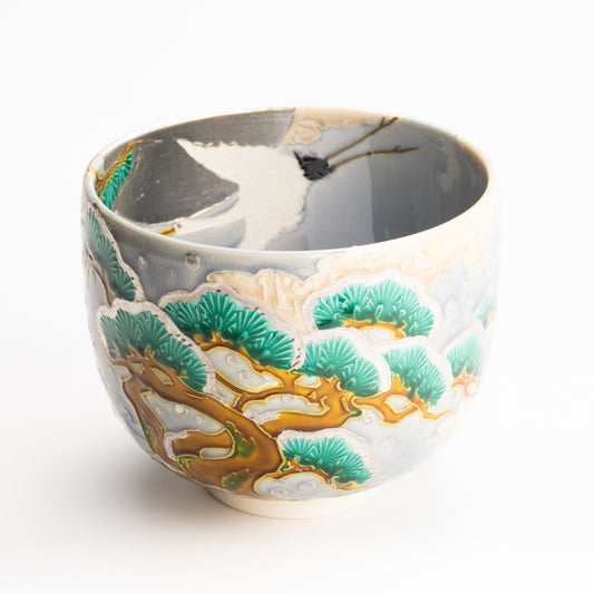 抹茶碗　淡紫交趾"月下に雪松と鶴"　一如 KOTOPOTTER