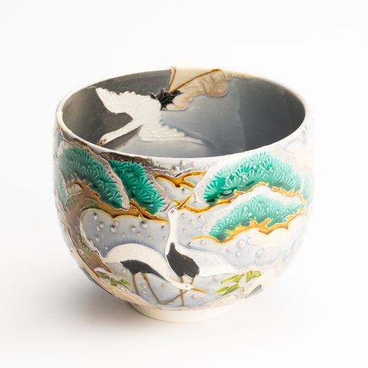 抹茶碗　淡紫交趾"月下に雪松と鶴"　一如 KOTOPOTTER